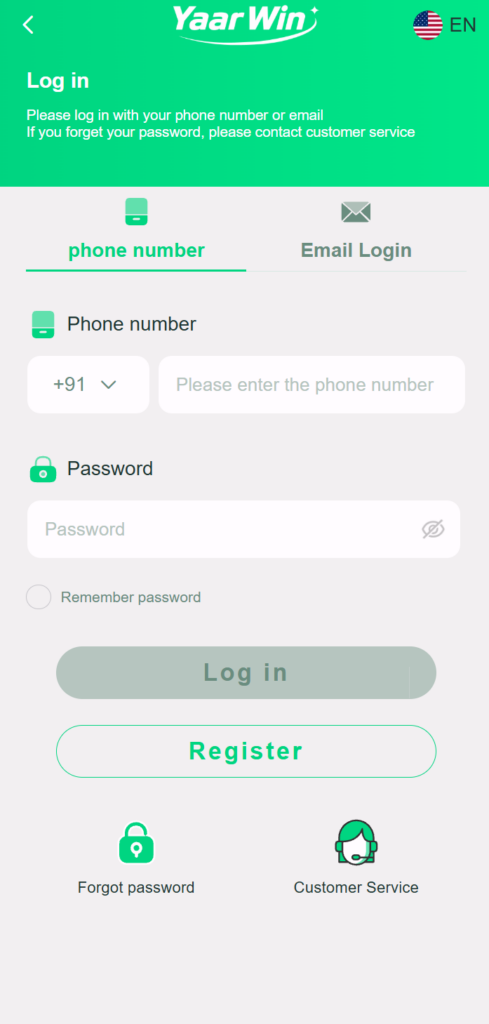 Login page with phone number and password fields