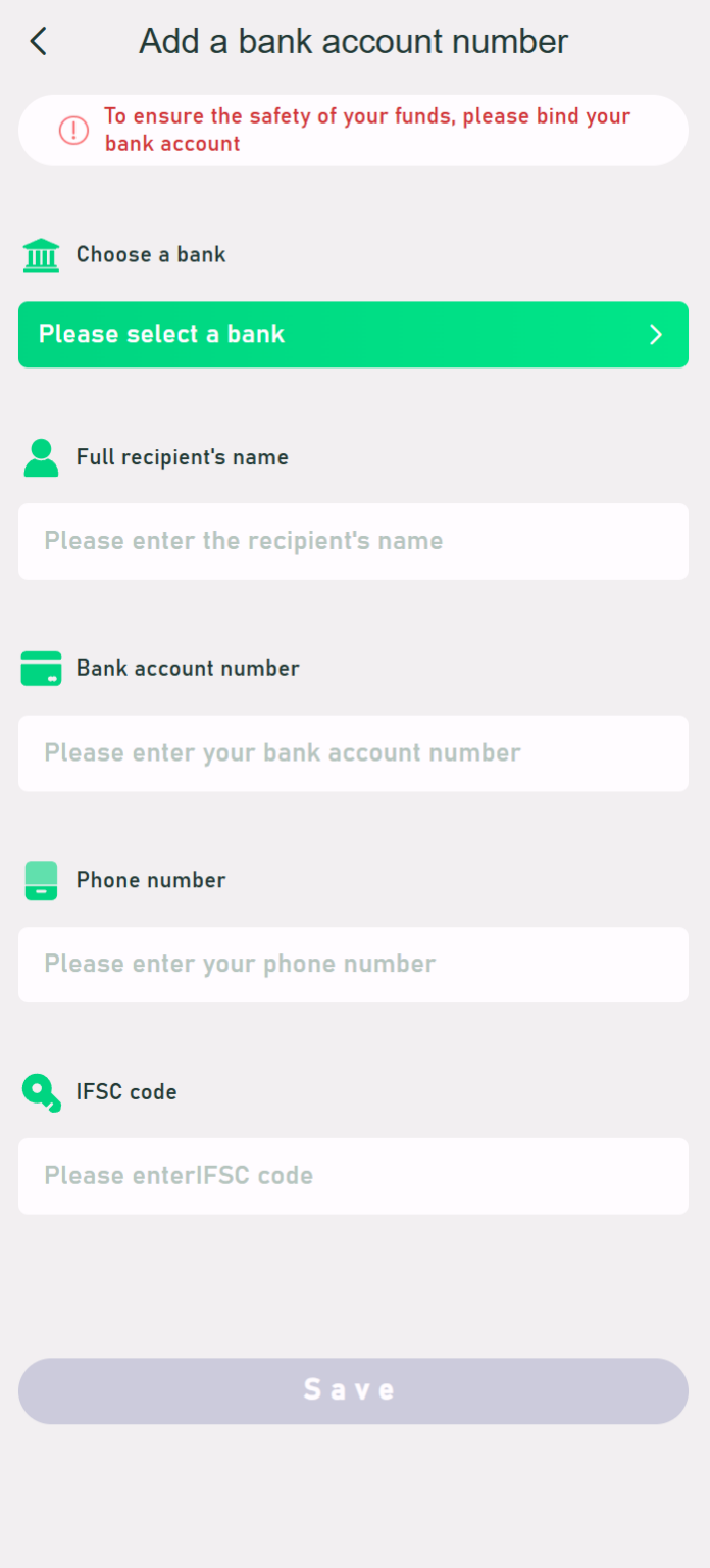 Bank account form with recipient and IFSC fields
