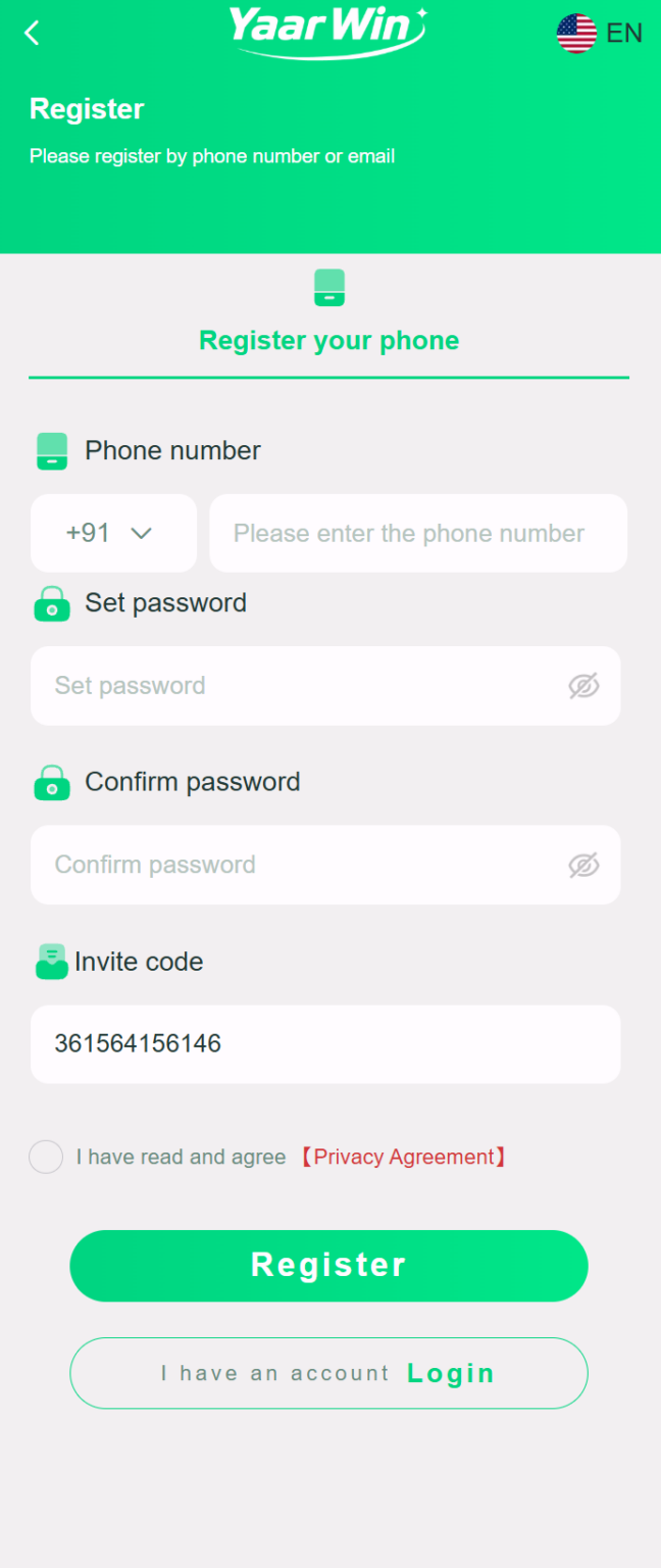Account registration screen with phone and password fields
