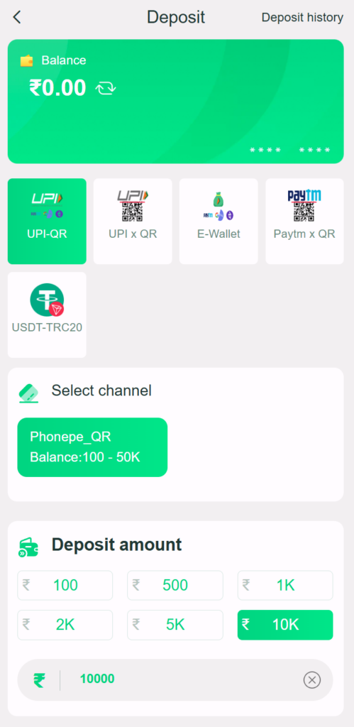 Deposit page showing available payment methods
